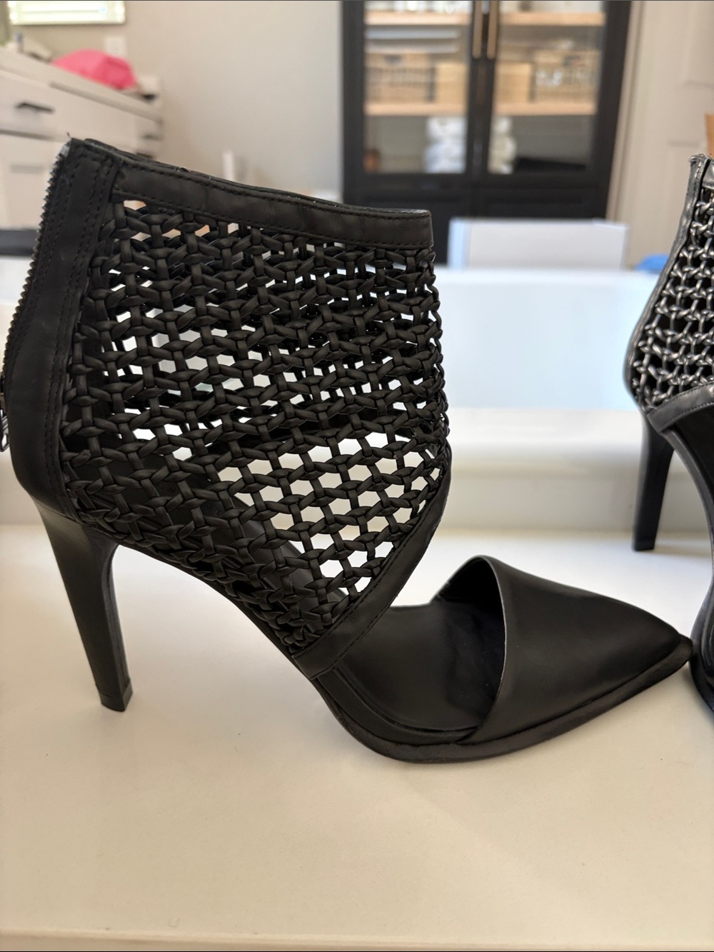 All Saints Theo Black Woven Pointed-Toe Ankle Heels